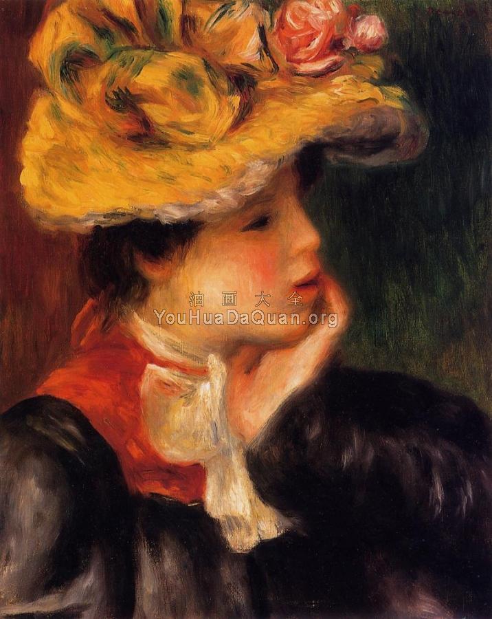 Head of a Young Woman, Yellow Hat - 皮埃尔·奥古斯特·雷诺阿